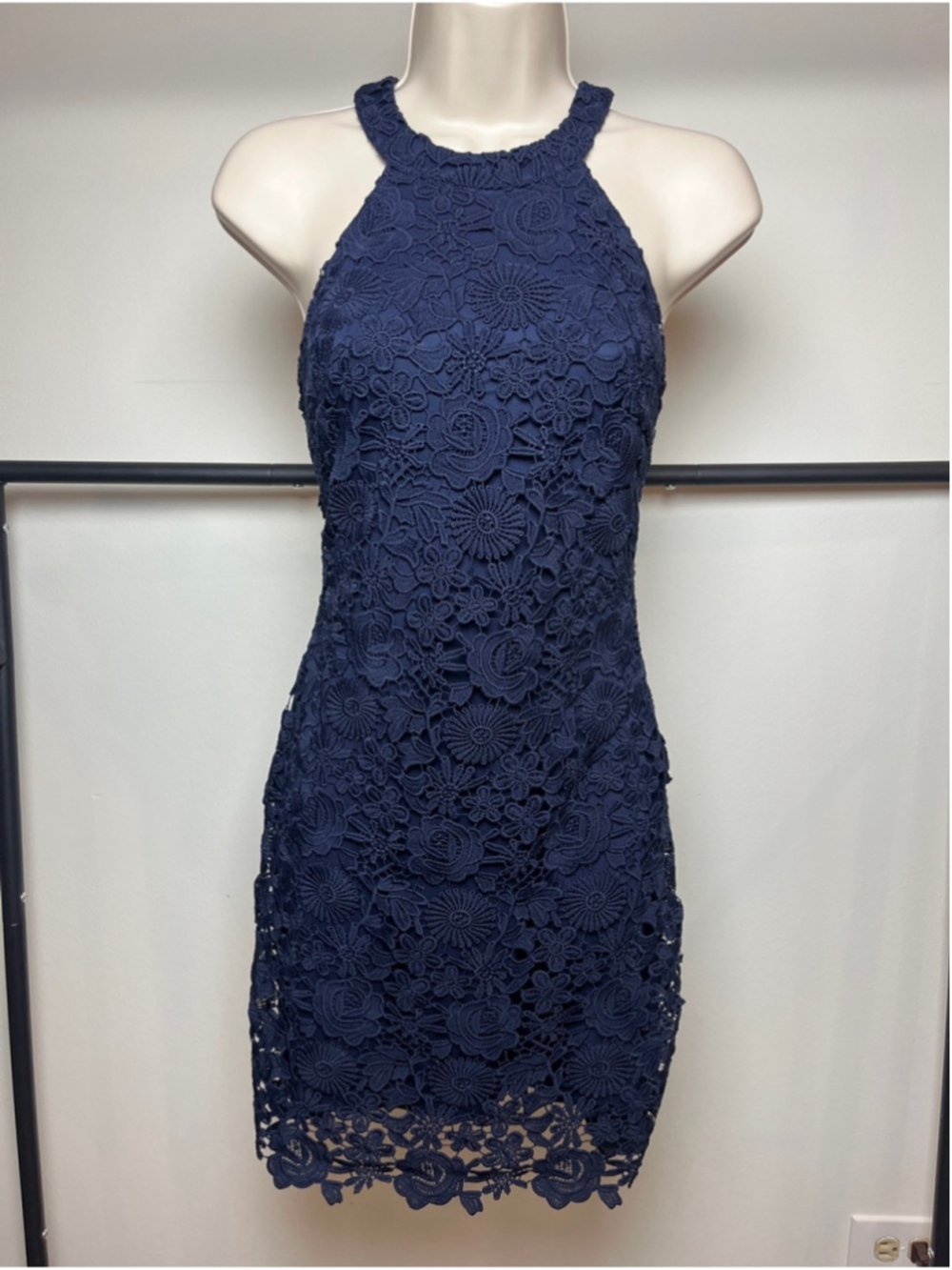 Lulu's Mini Dress Floral Crochet Halter Navy Womens Small Summer Wedding Preppy
